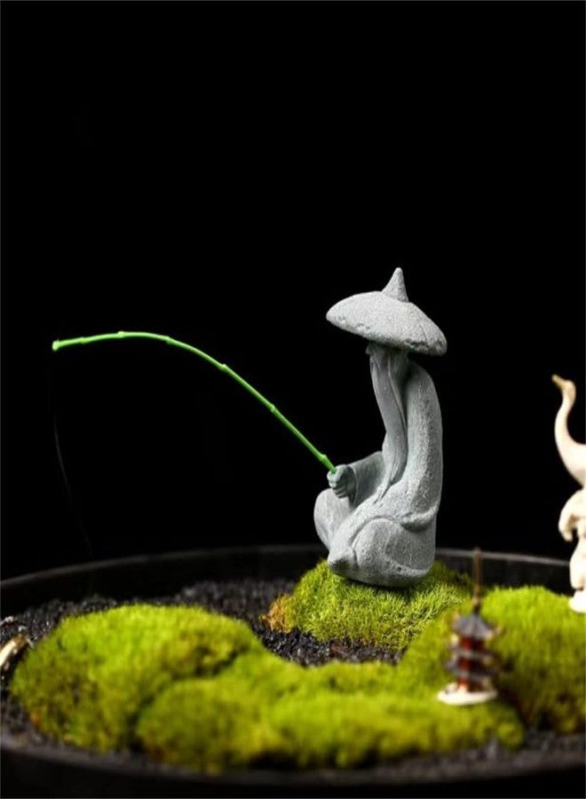 livelyfish Mini Fisherman Statue Asian Zen Decoration Sitting Fishing Figurines Sandstone Vintage Ornament for Aquarium Fish Tank Pot Garden Home Japanese Decor,D - Image 4